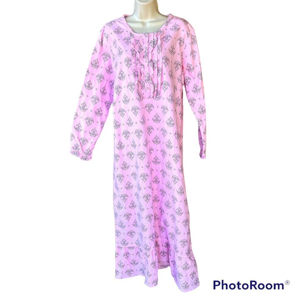 Noble Mount Premium Brushed Flannel Long Night Gown Fleur Pink Black Womens L